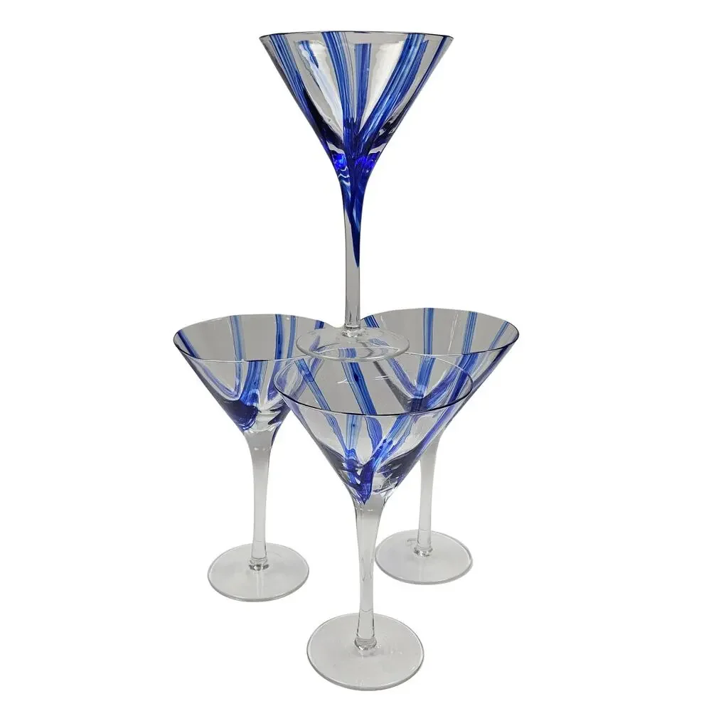 Vintage Hand Blown Martini Glasses 7.5” Fanned Cobalt Blue Stripe Set of 4
